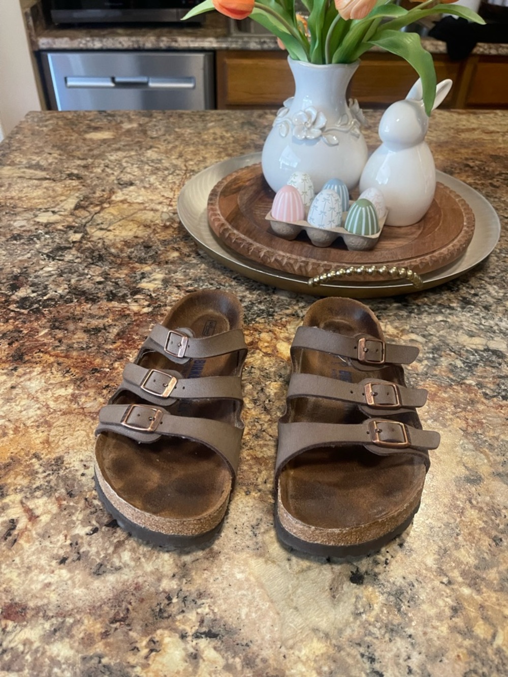 Birkenstock Brown Triple-Strap Suede Slide Sandals - Picture 3 of 6